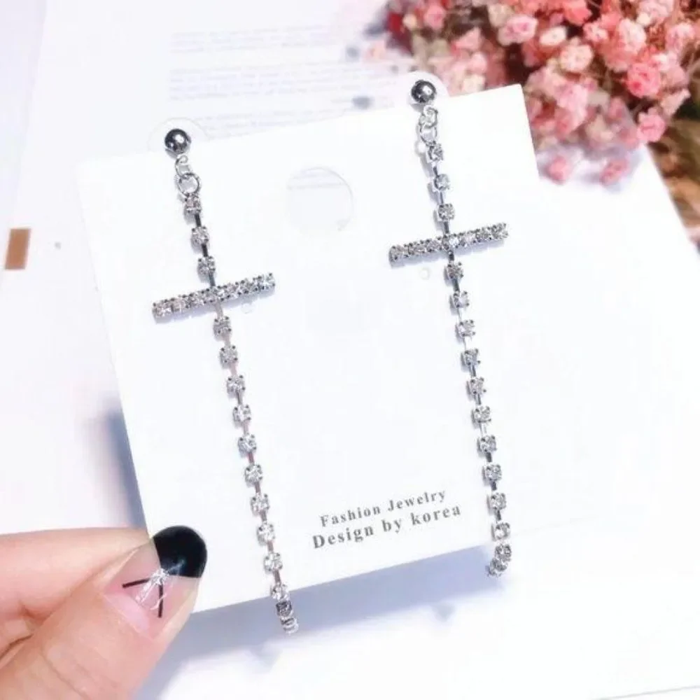 Silver Cross Long Chain Crystal Prong Link Earring